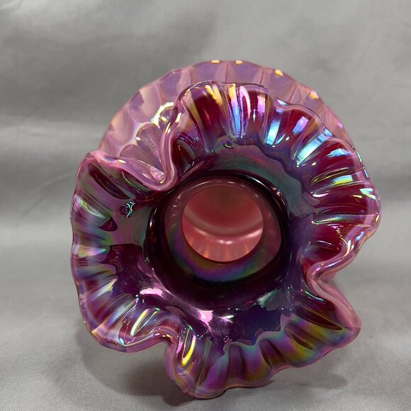 Vtg Frank Fenton Art Glass Plum Pink Carnival Iridescent Thumbprint Vase Signed - Picture 12 of 15